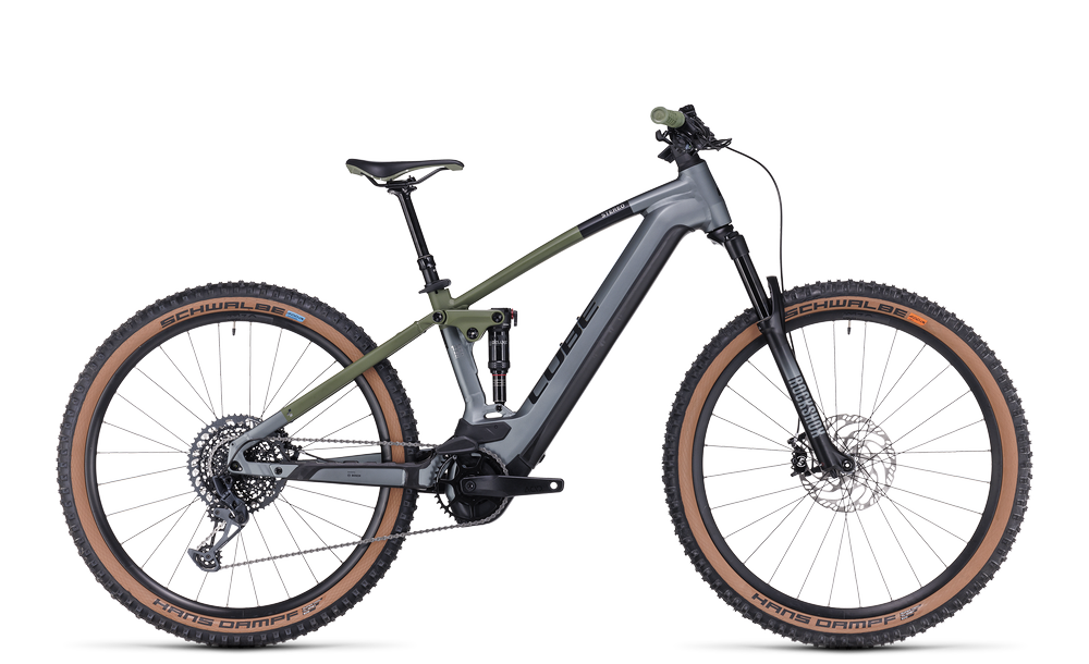 Cube Stereo Hybrid 120 E-Mountainbike, grau-grün, robustes Design, ideal für Gelände und Outdoor-Abenteuer.