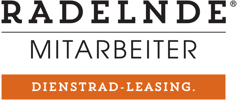 Logo mit Text "Radelnde Mitarbeiter" und "Dienstfahrrad-Leasing" in Schwarz und Orange.